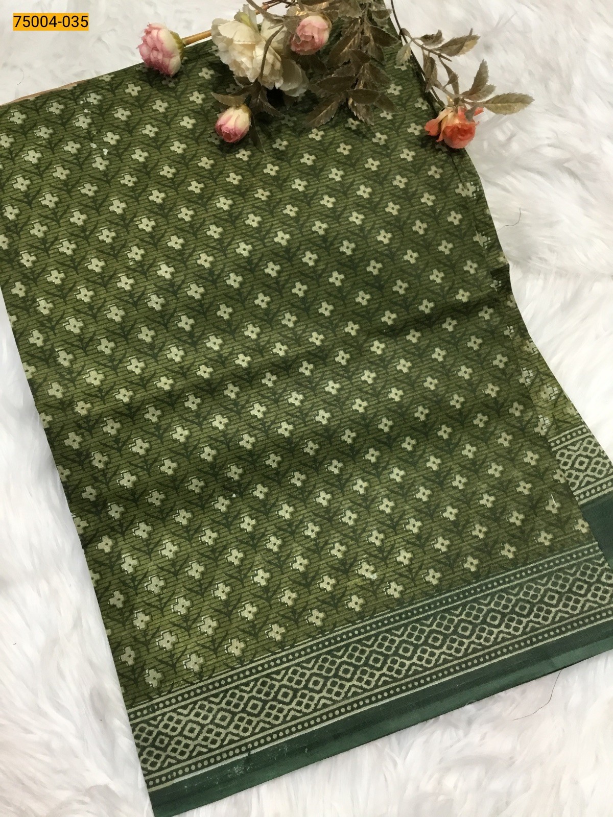 Olive green Voil cotton printed sarees