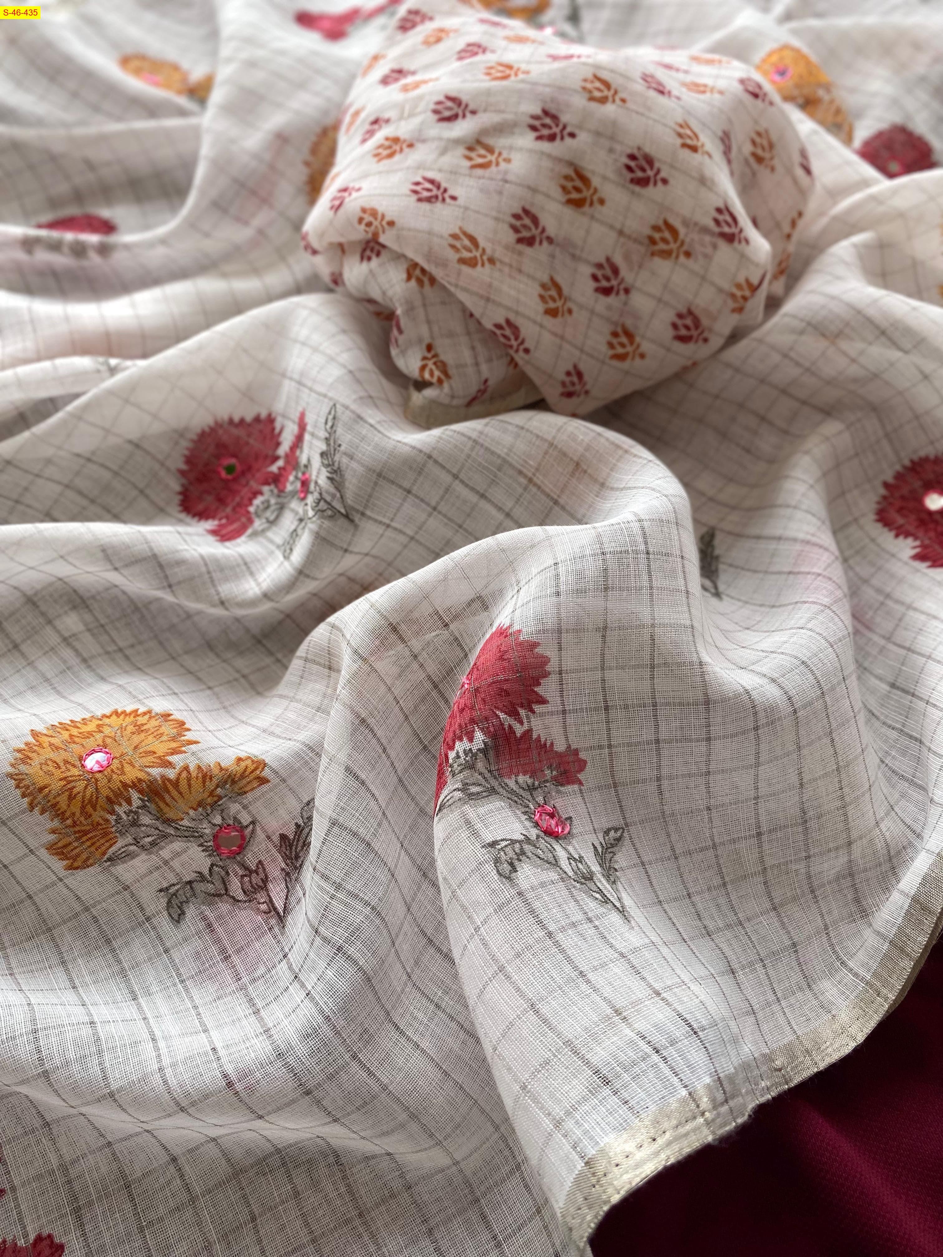 White Linen zari checked sarees 