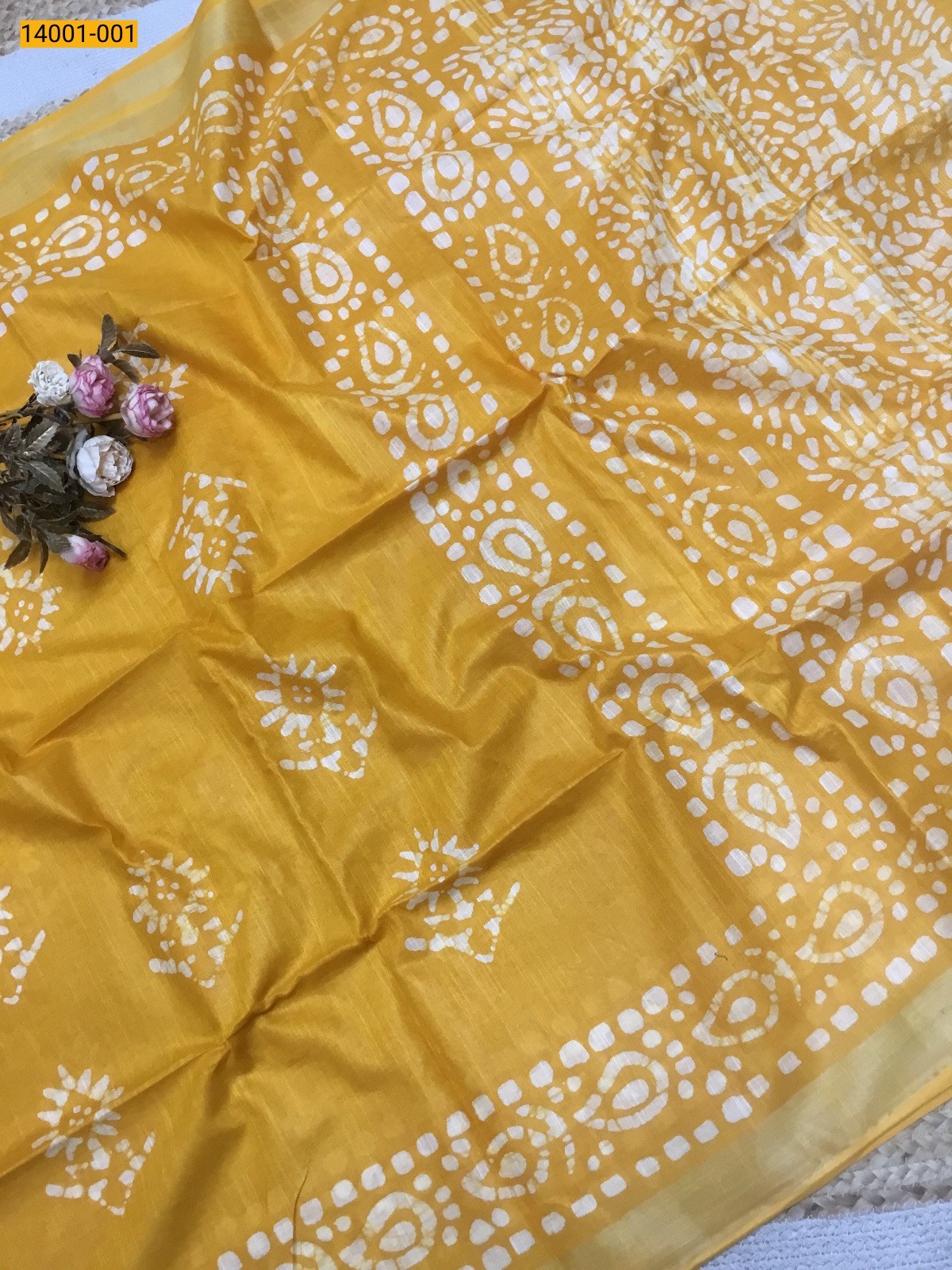 Yellow Linen Cotton Batik Printed Sarees