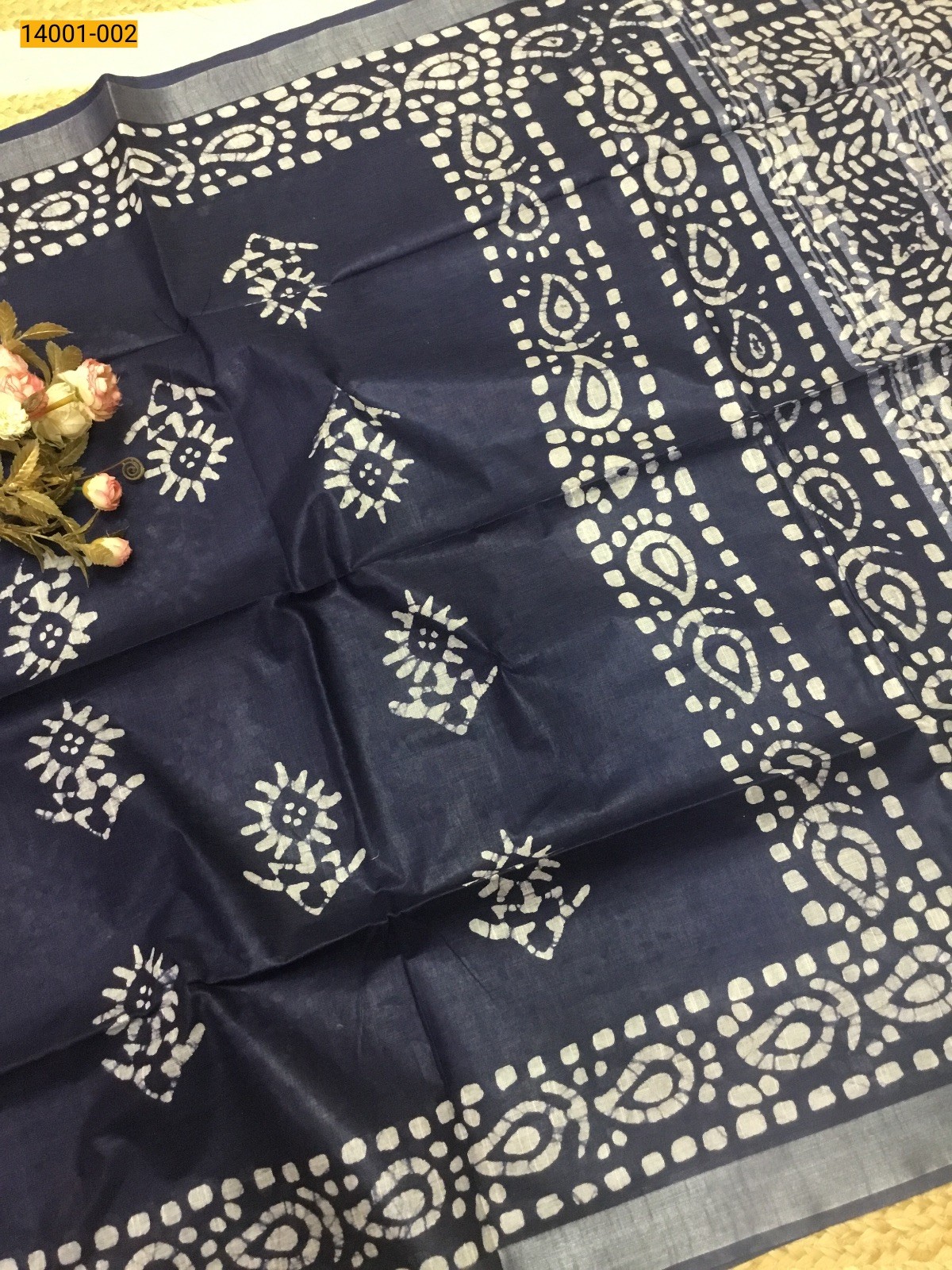 Blue Linen Cotton Batik Printed Sarees