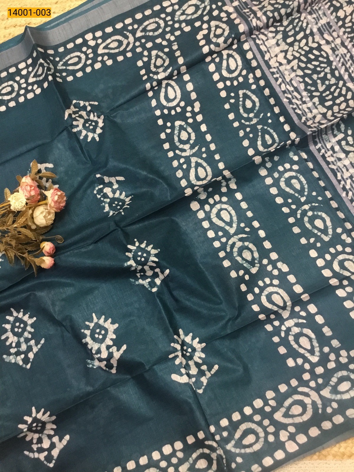 Rama Blue Linen Cotton Batik Printed Sarees