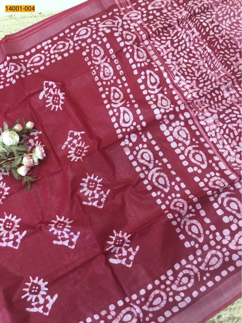 Red Linen Cotton Batik Printed Sarees