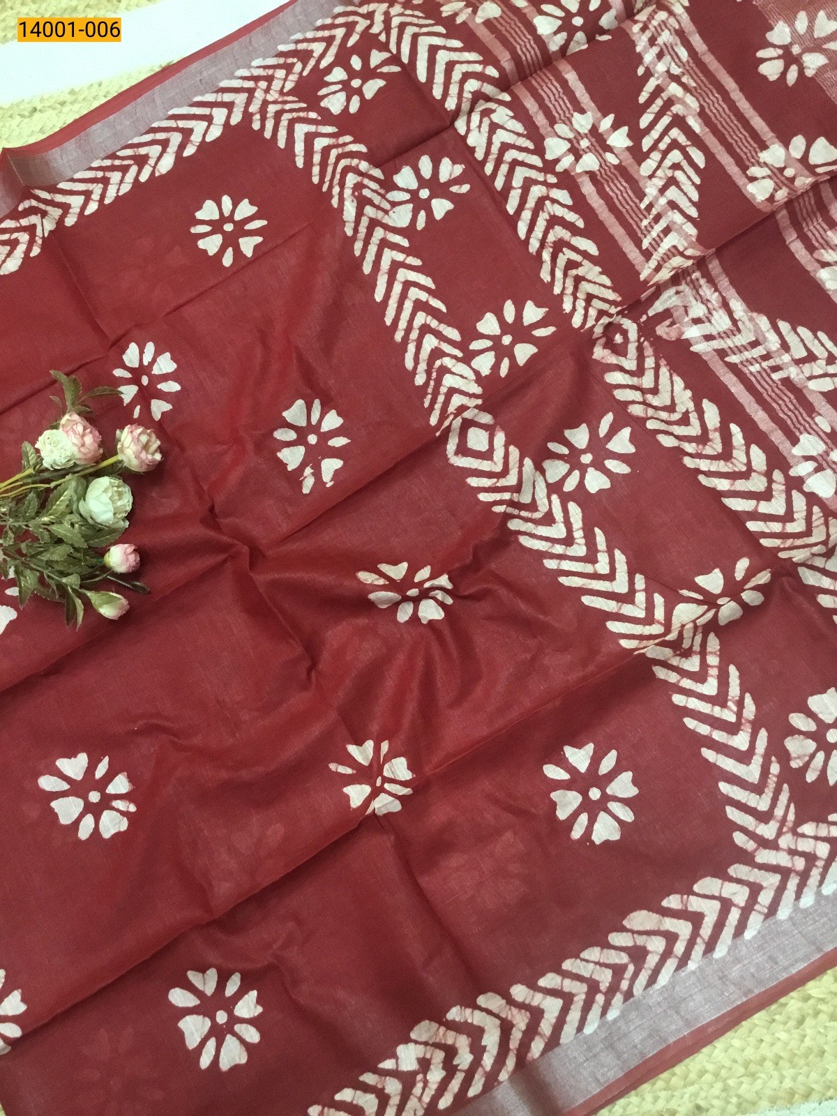 Red Linen Cotton Batik Printed Sarees