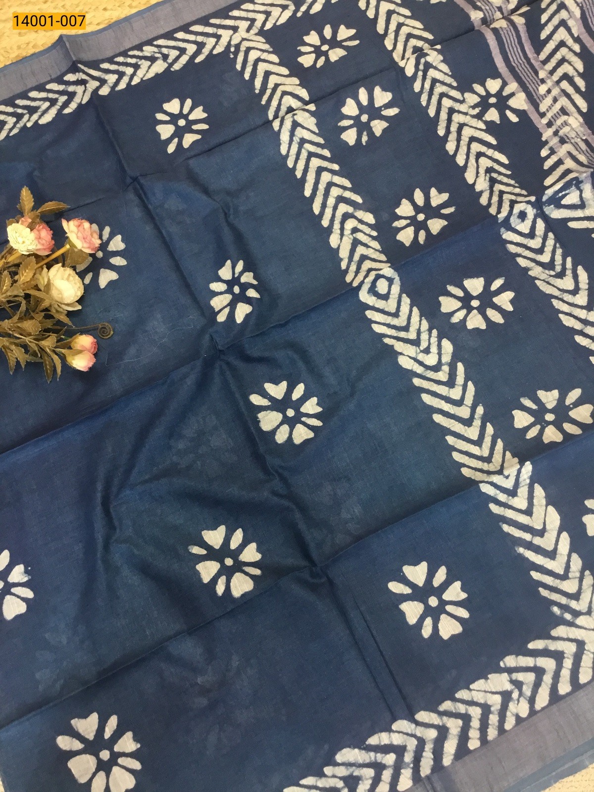 Blue Linen Cotton Batik Printed Sarees