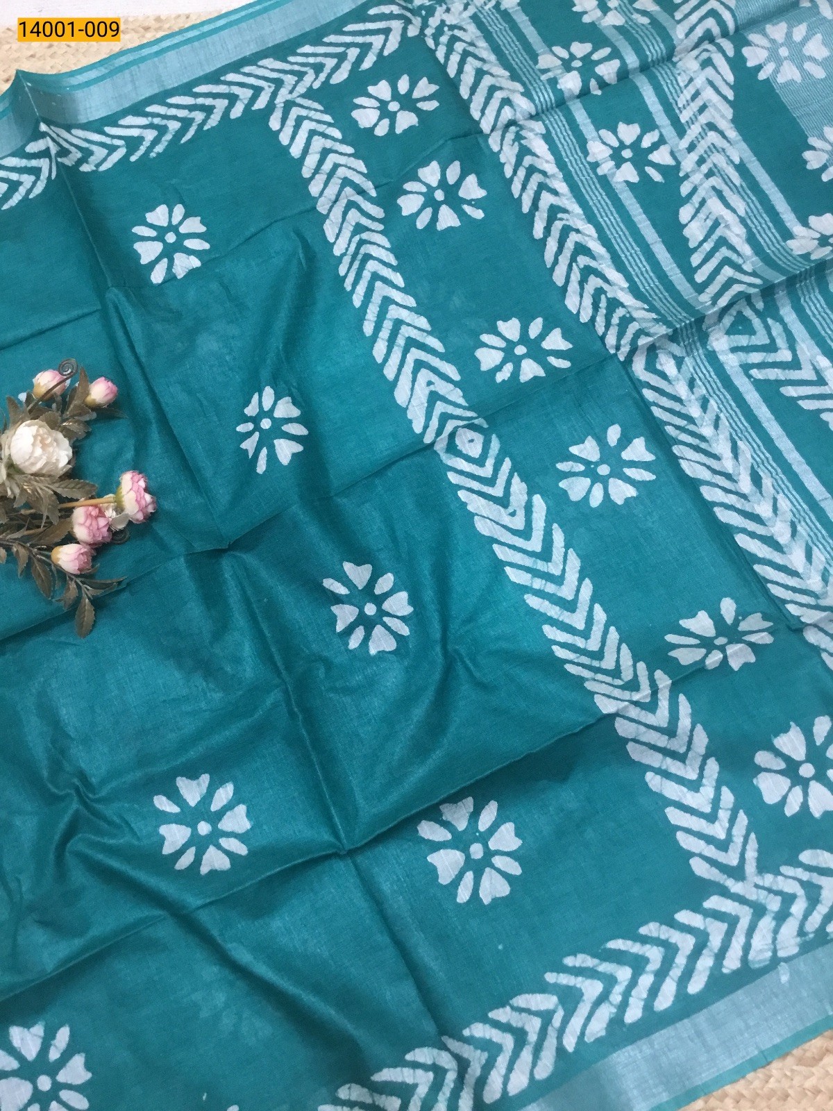 Green Linen Cotton Batik Printed Sarees