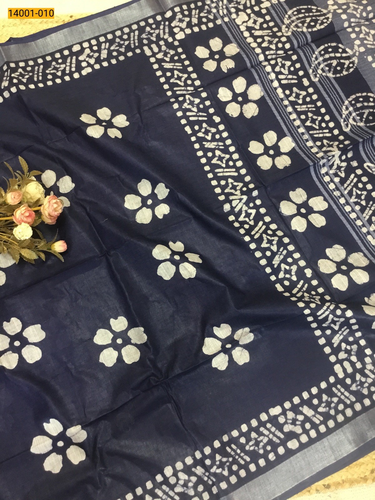 Blue Linen Cotton Batik Printed Sarees