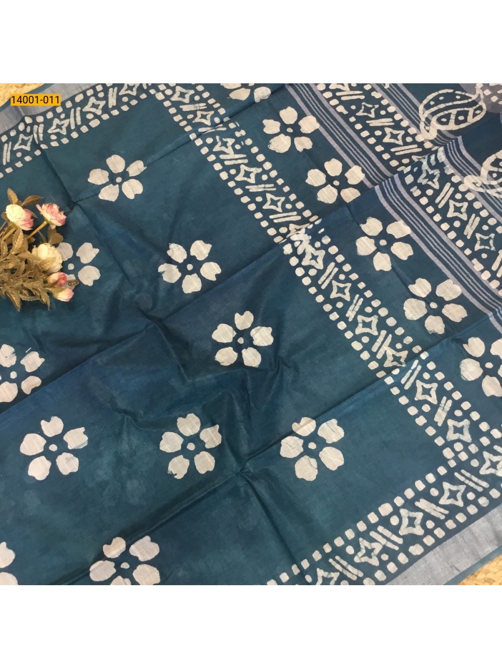 Rama Blue Linen Cotton Batik Printed Sarees