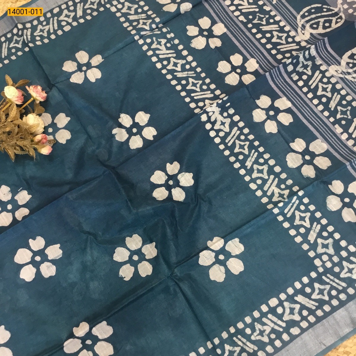 Rama Blue Linen Cotton Batik Printed Sarees