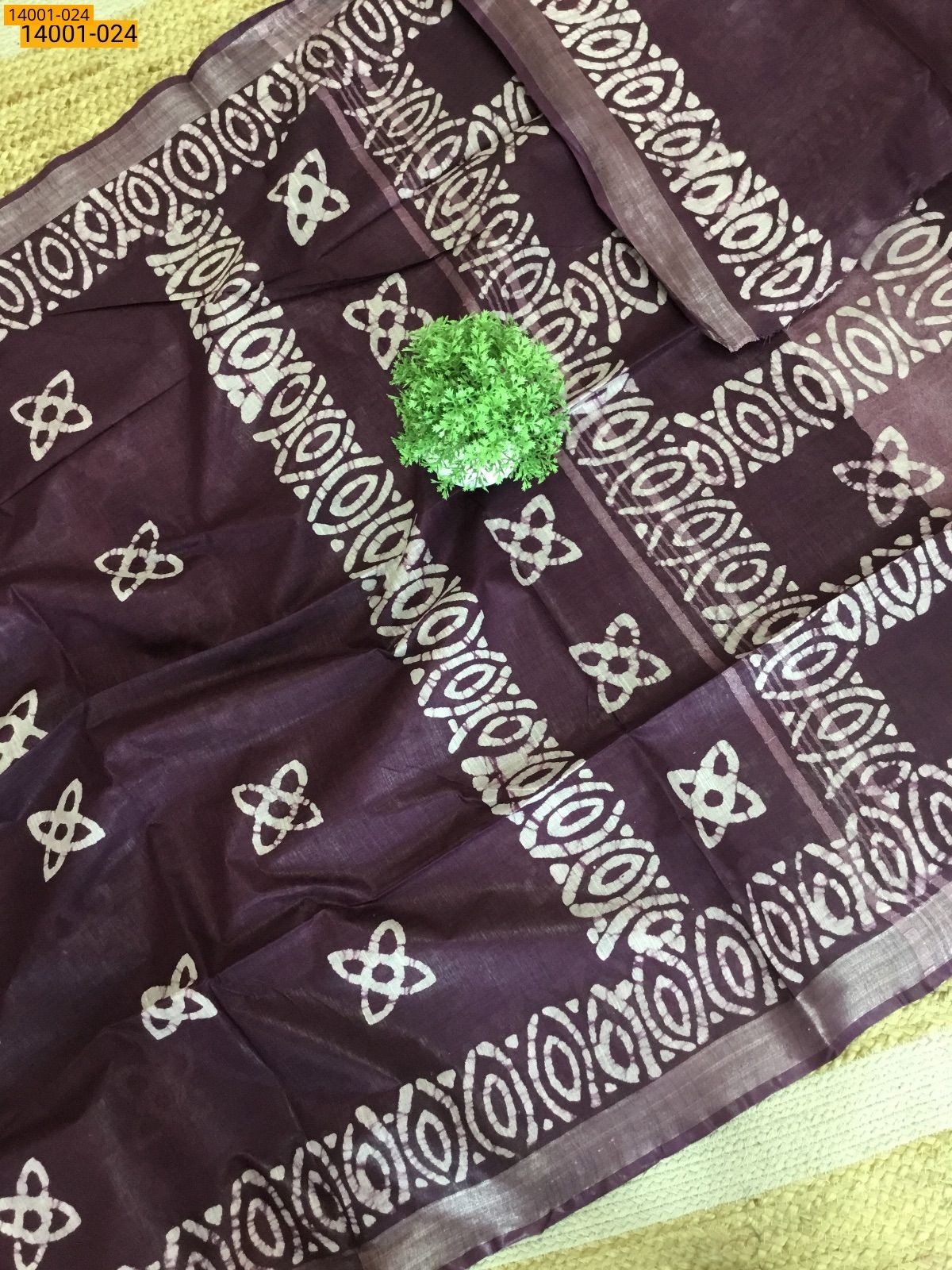 Brown Linen Cotton Batik Printed Sarees