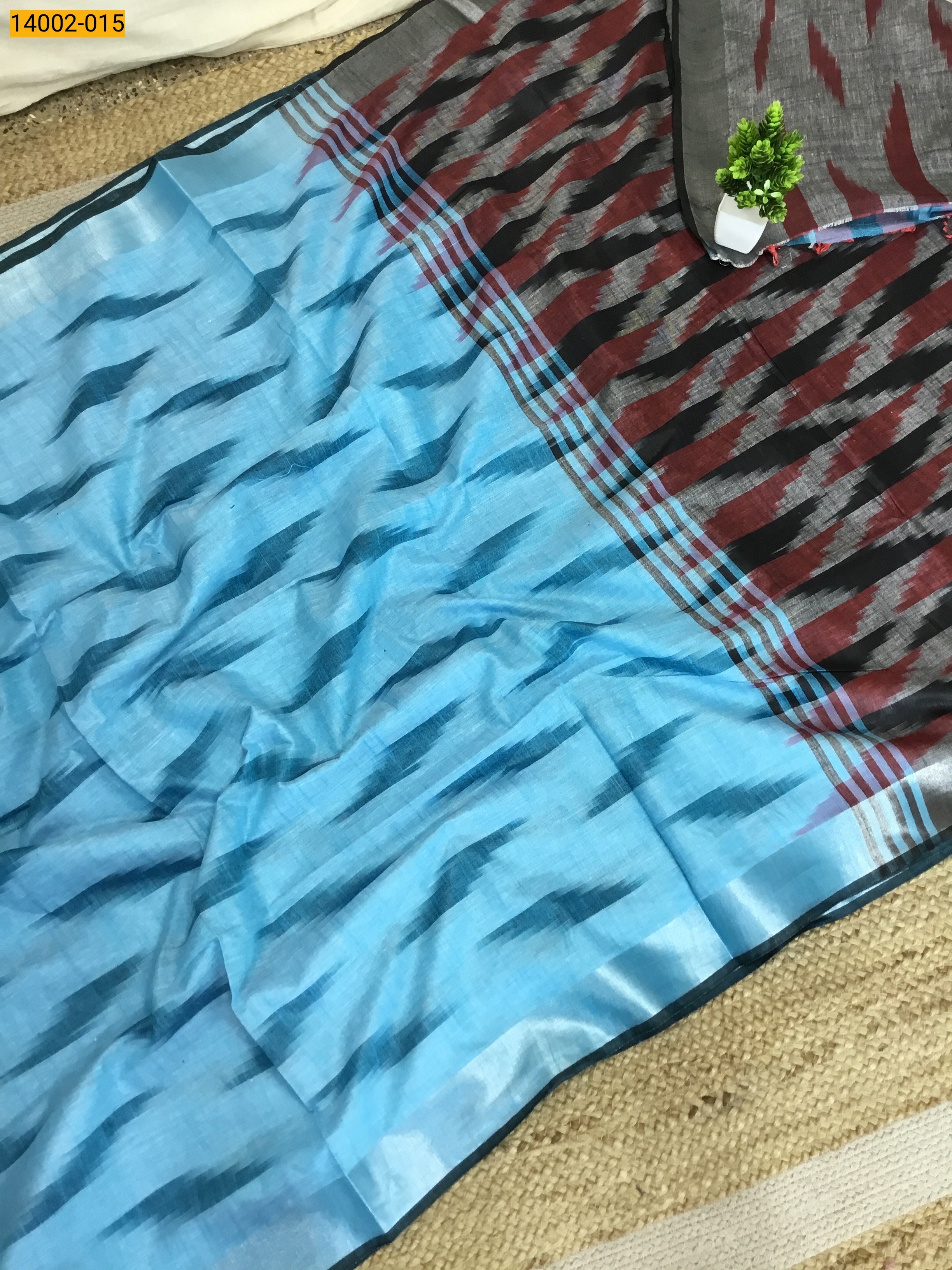 Sky Blue Ikkat Linen Cotton Saree