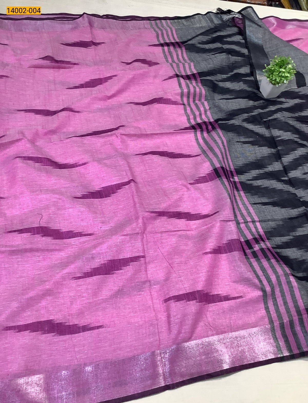 Pink With Black Ikkat Linen Cotton Saree