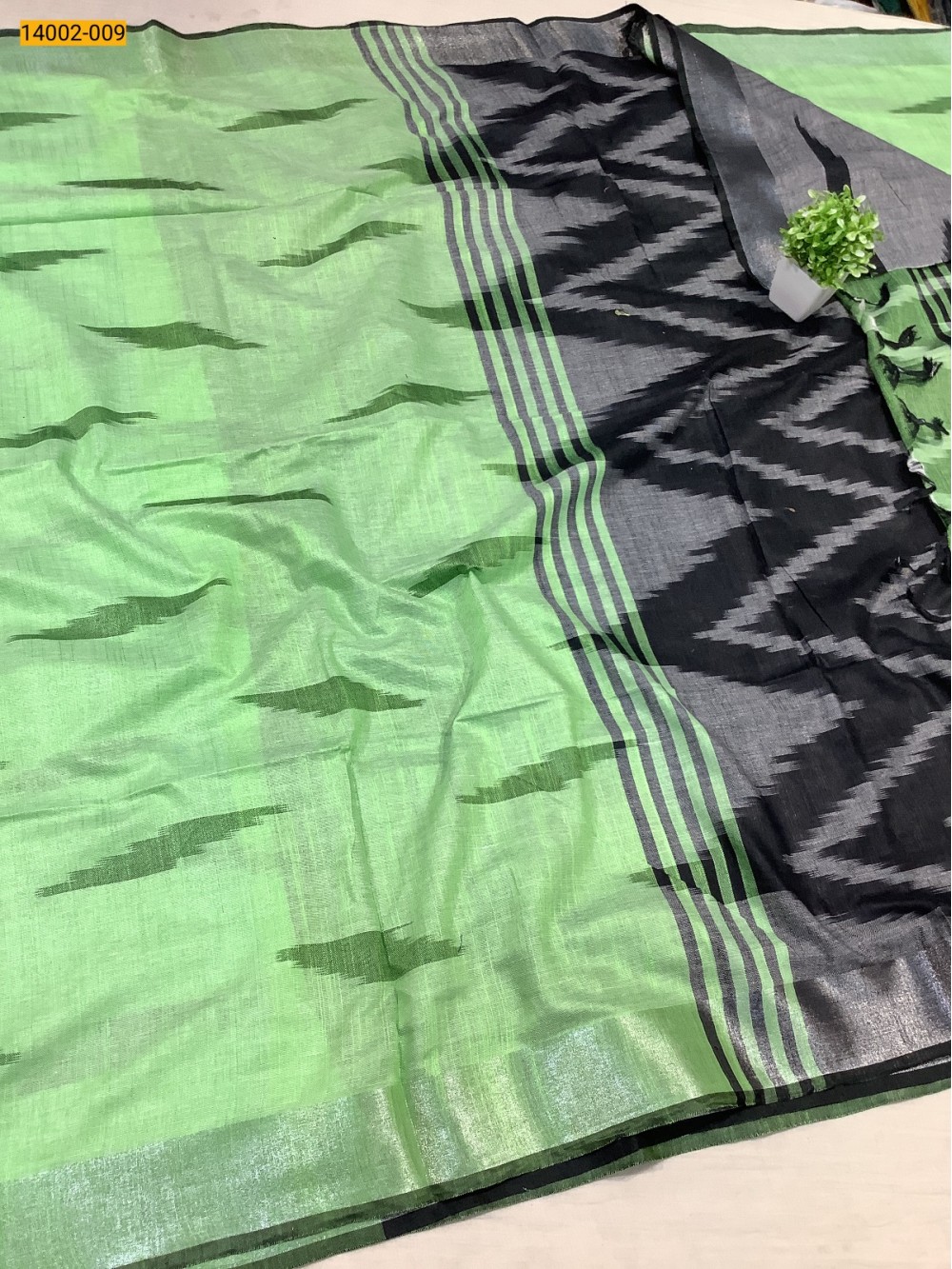 Green Ikkat Linen Cotton Saree