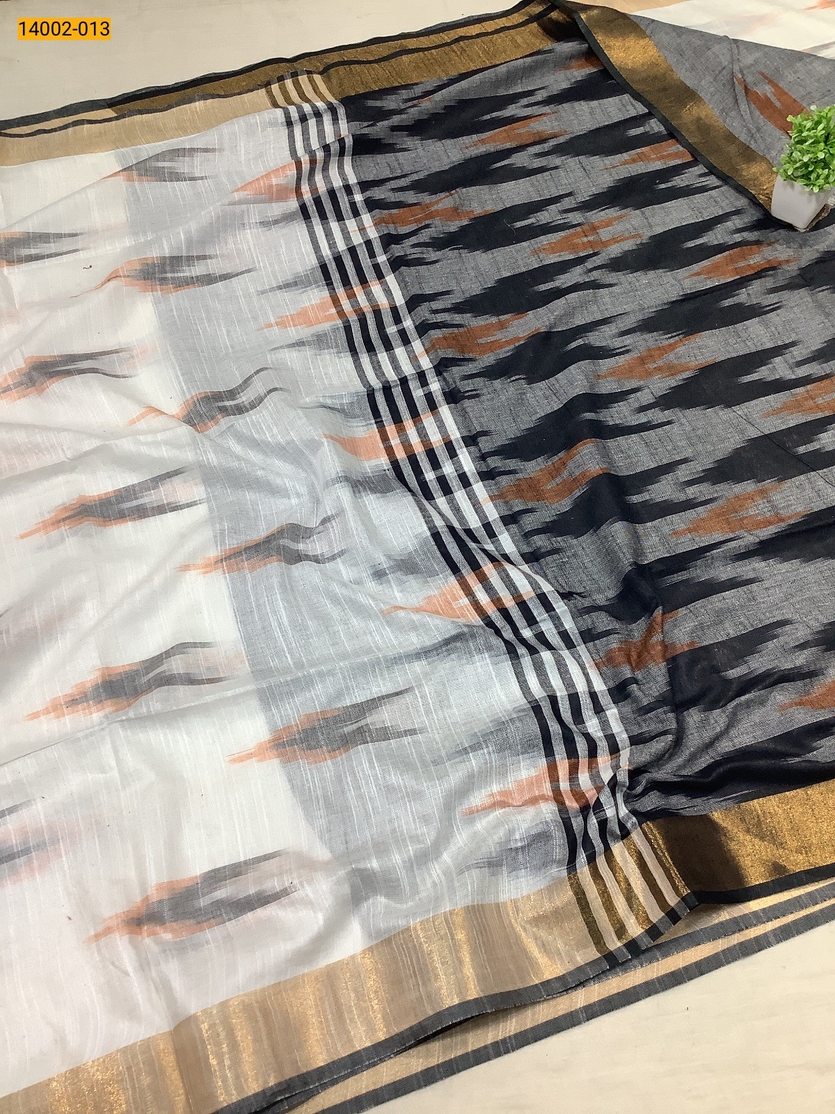 Black With White Ikkat Linen Cotton Saree