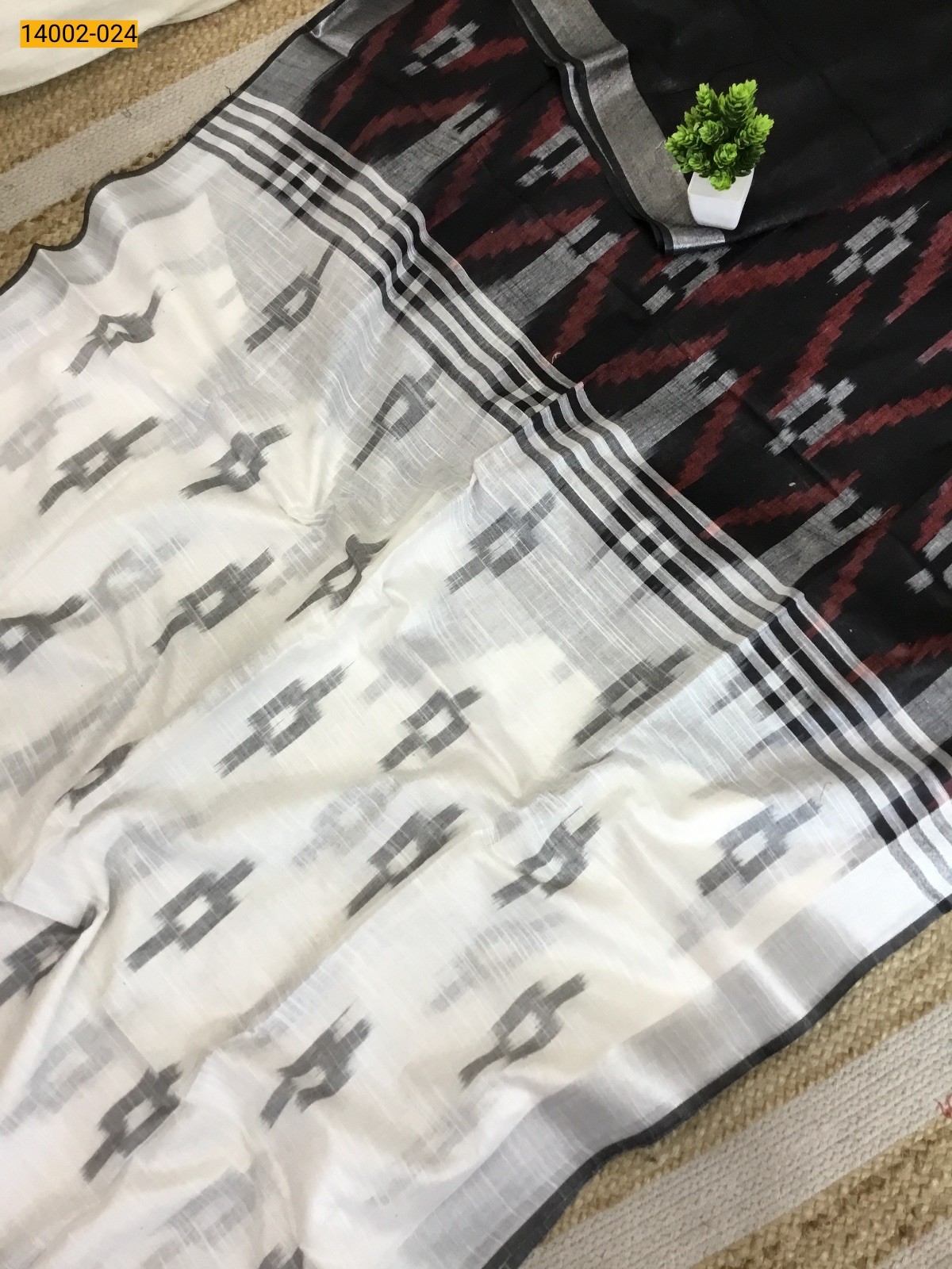 White Ikkat Linen Cotton Saree