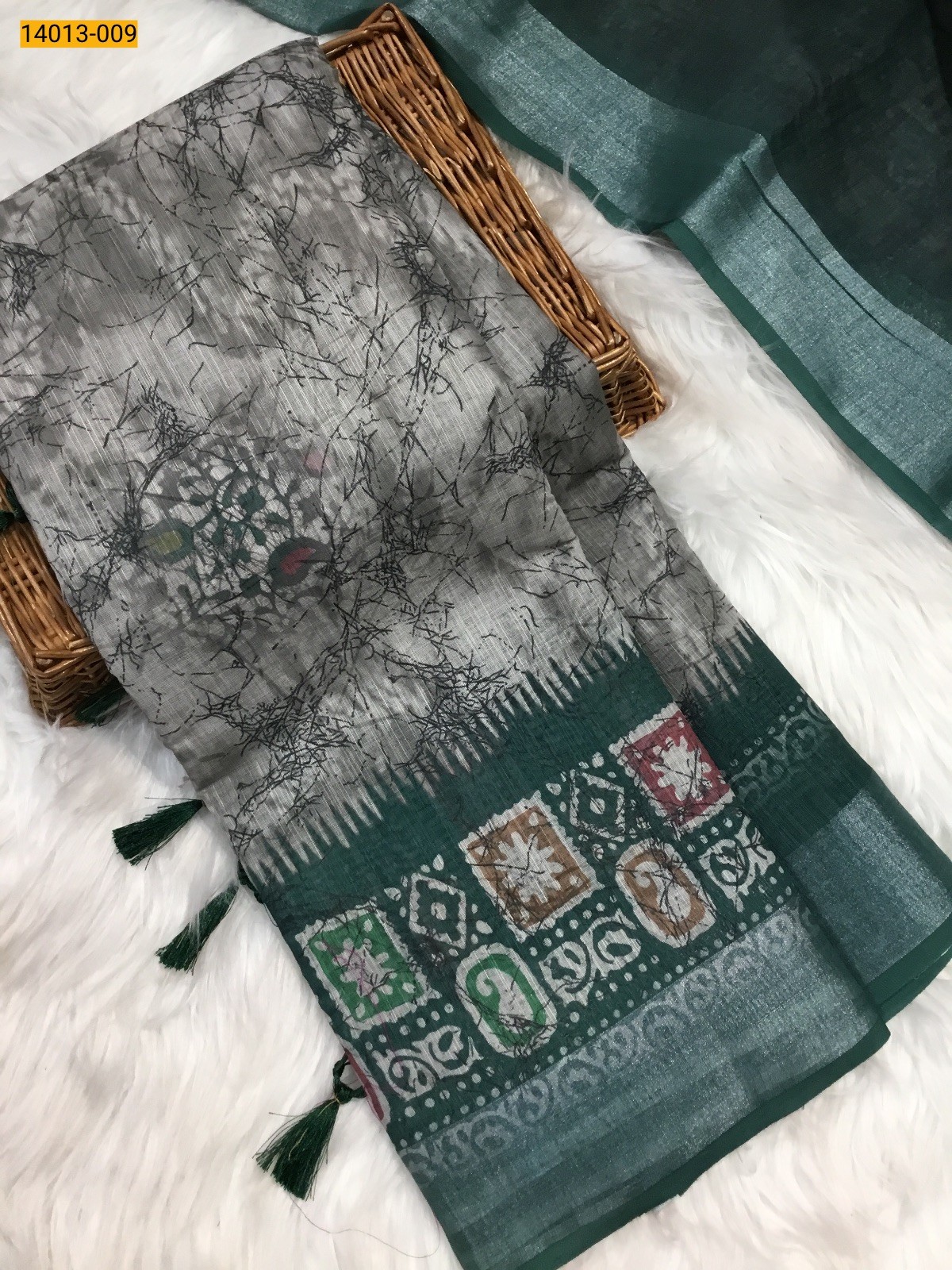 Gray With Rama Green Linen Cotton Saree
