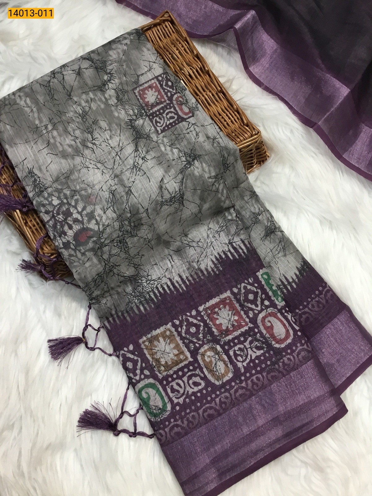 Gray With Violet Linen Cotton Saree