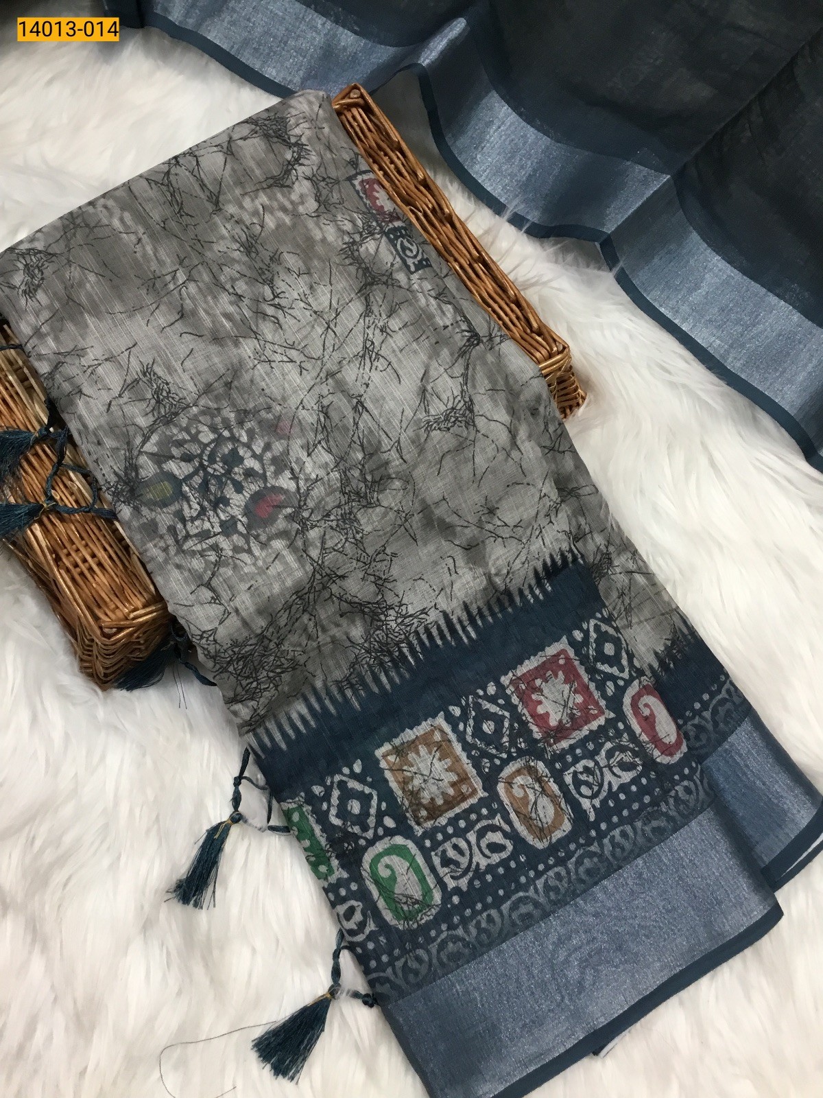 Gray With Blue Linen Cotton Saree