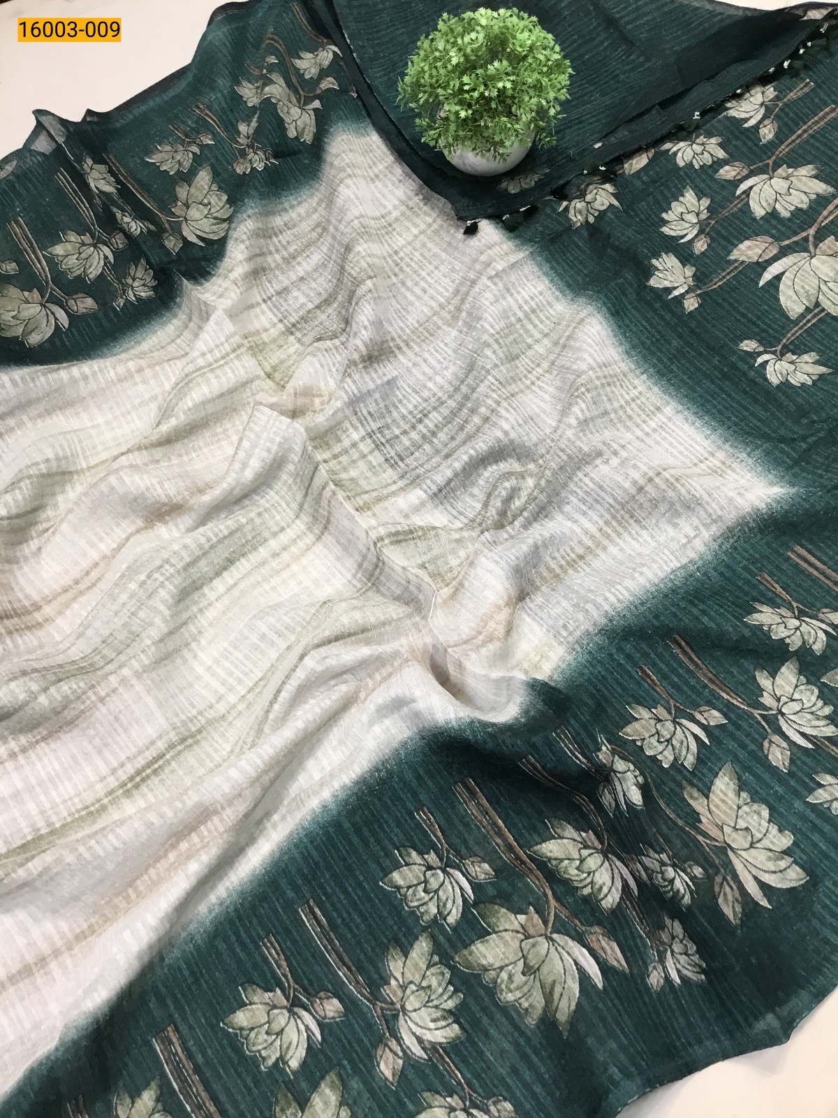 White with Green Fancy khadi cotton printed sarees