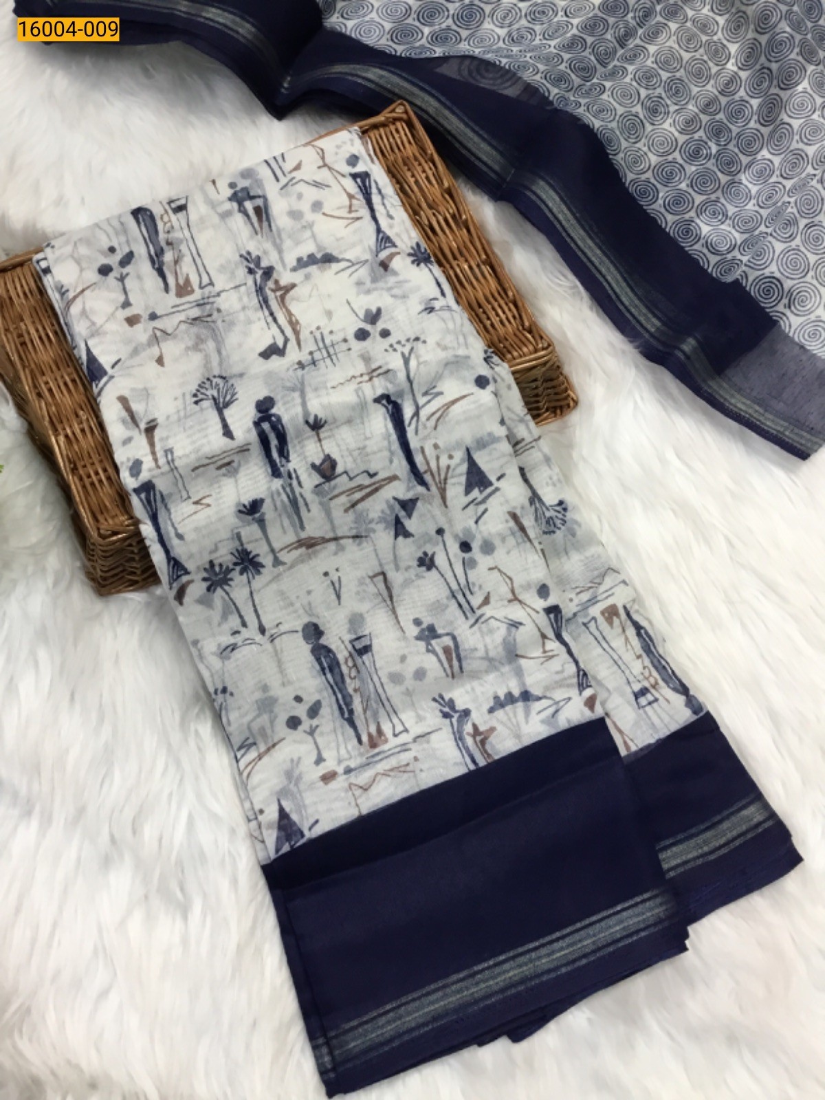 White with Navy blue Indigo cotton printed sarees