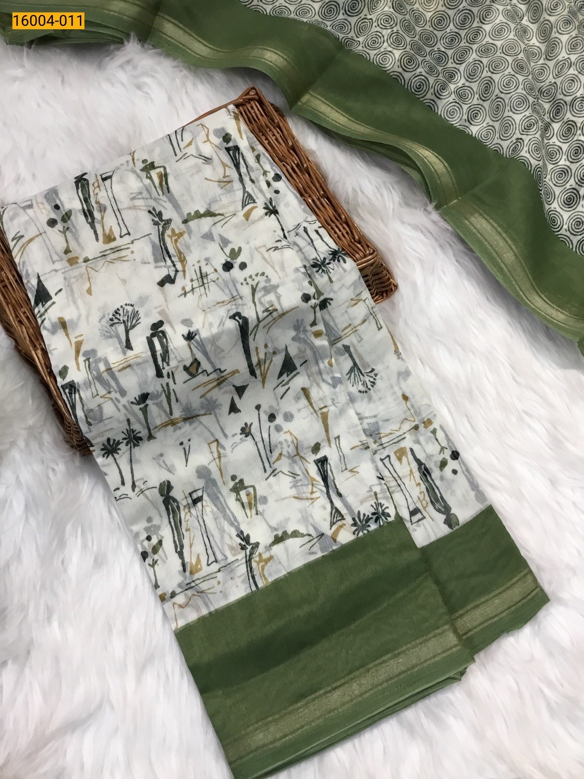 White with Green Indigo cotton printed sarees