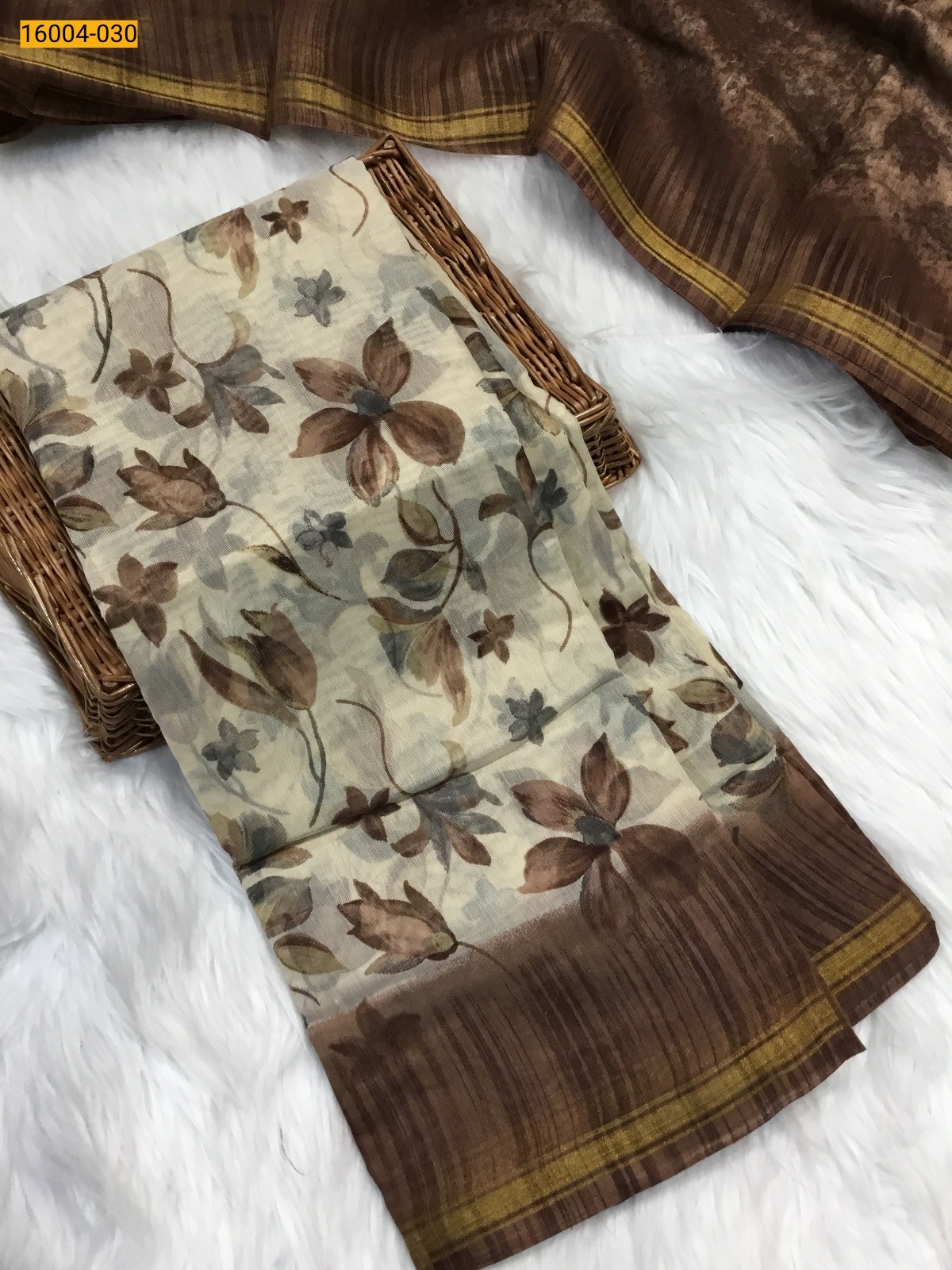 White with Brown Indigo cotton printed sarees