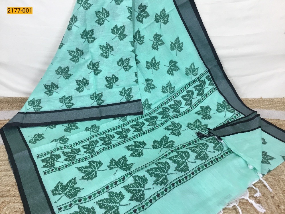 Green Linen Cotton Printed Saree