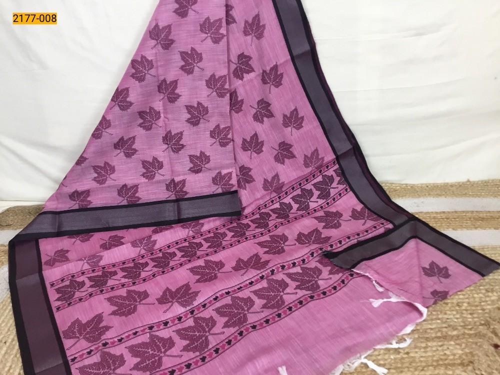 Pink Linen Cotton Printed Saree