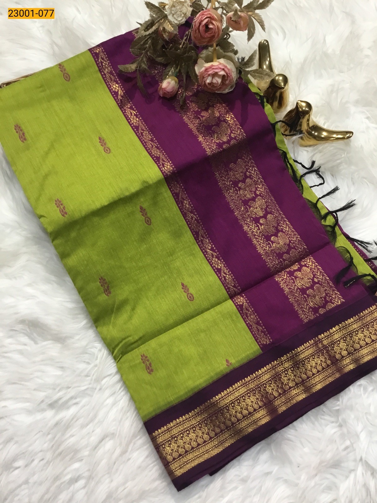 Green with Violet Kalyani Cotton Saree