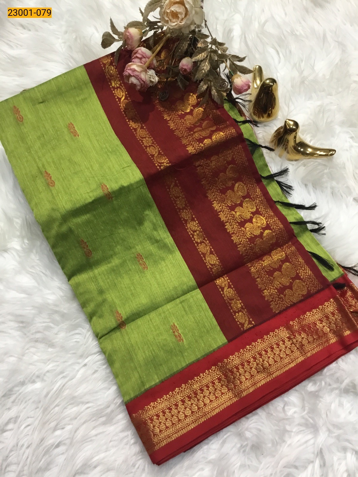 Green with Red Kalyani Cotton Saree