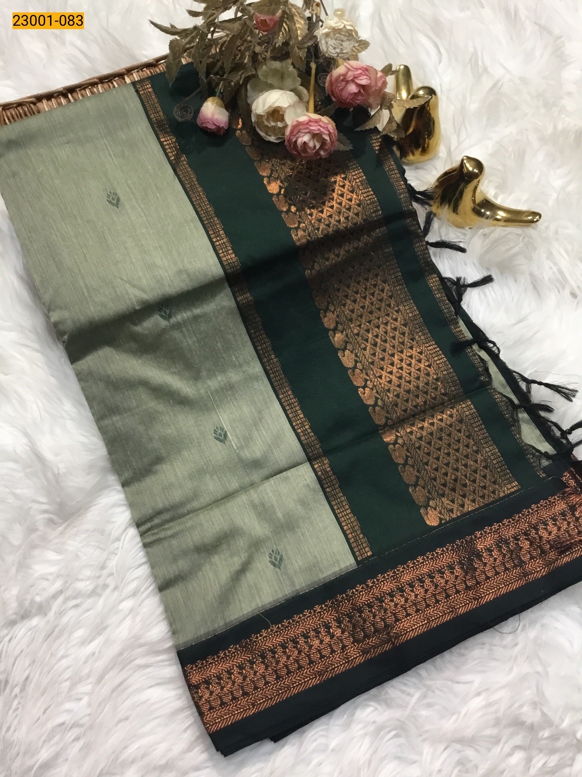 Gray With Green Kalyani Cotton Saree