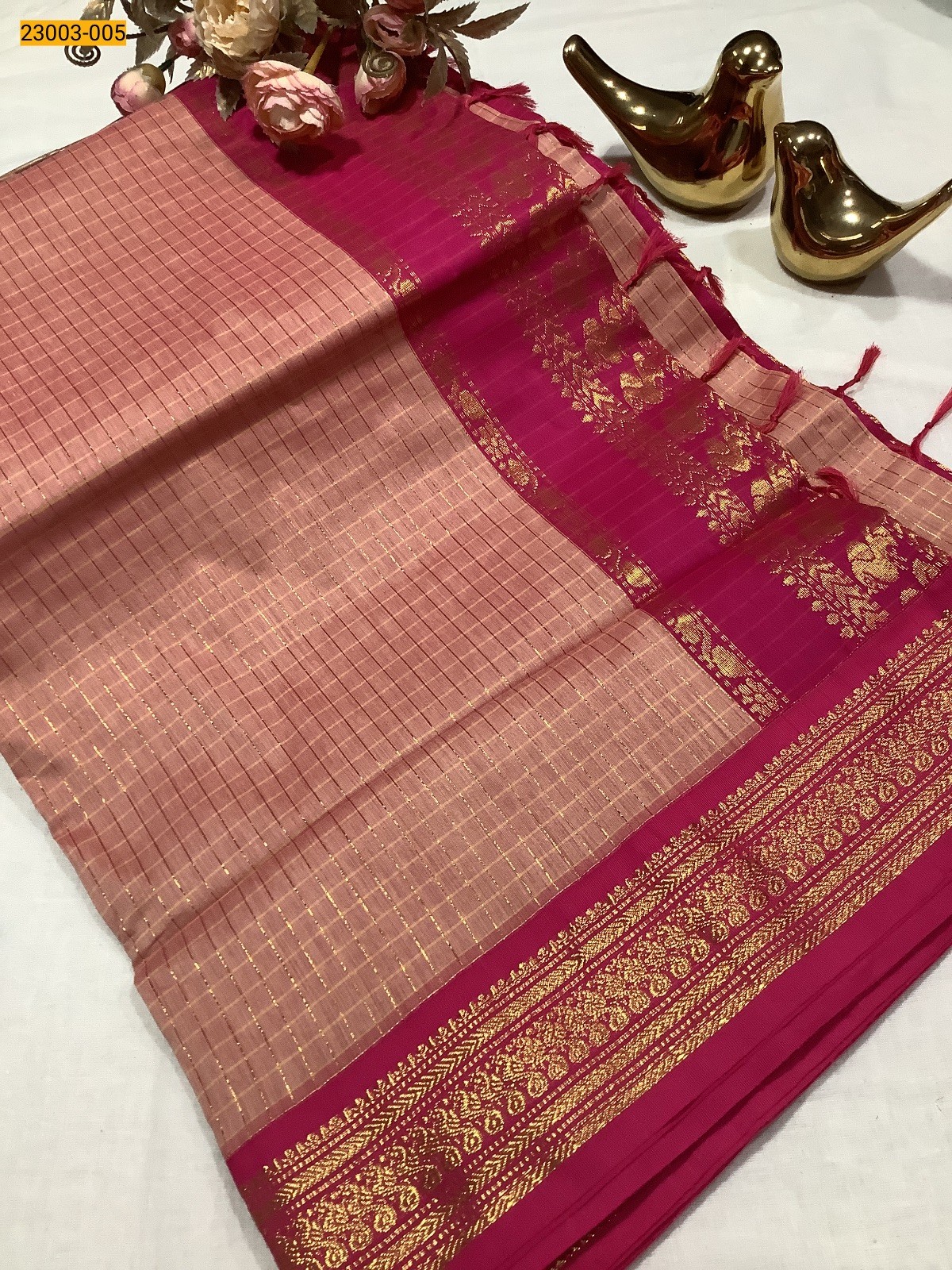 Pink Checked Kalyani Cotton Saree