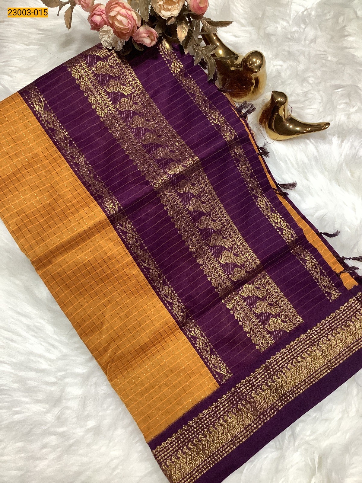 Yellow Checked Kalyani Cotton Saree