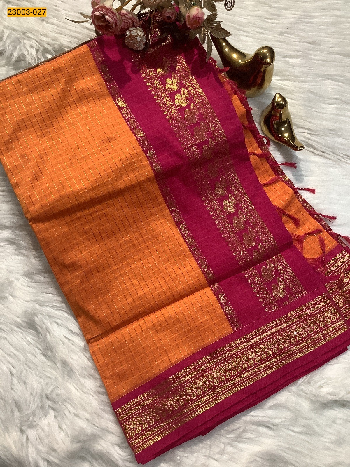 Orange With pink Checked Kalyani Cotton Saree