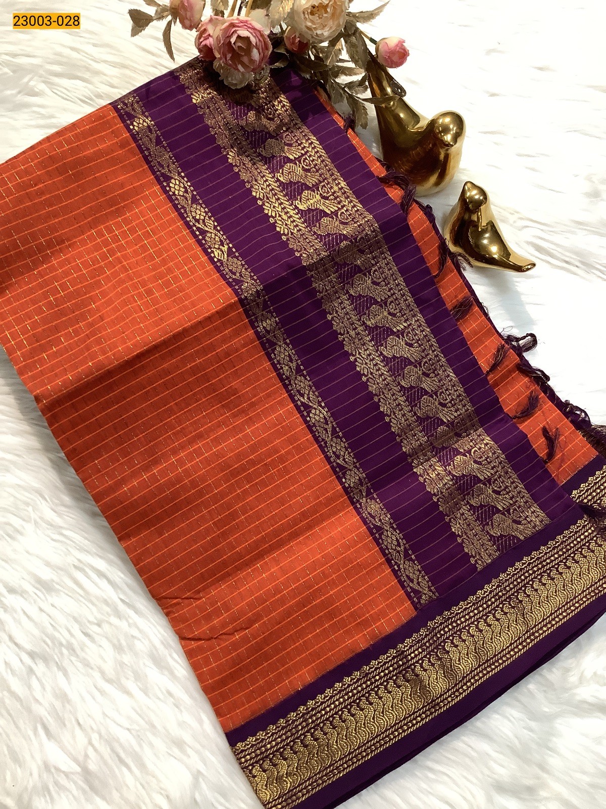 Orange With Violet Checked Kalyani Cotton Saree