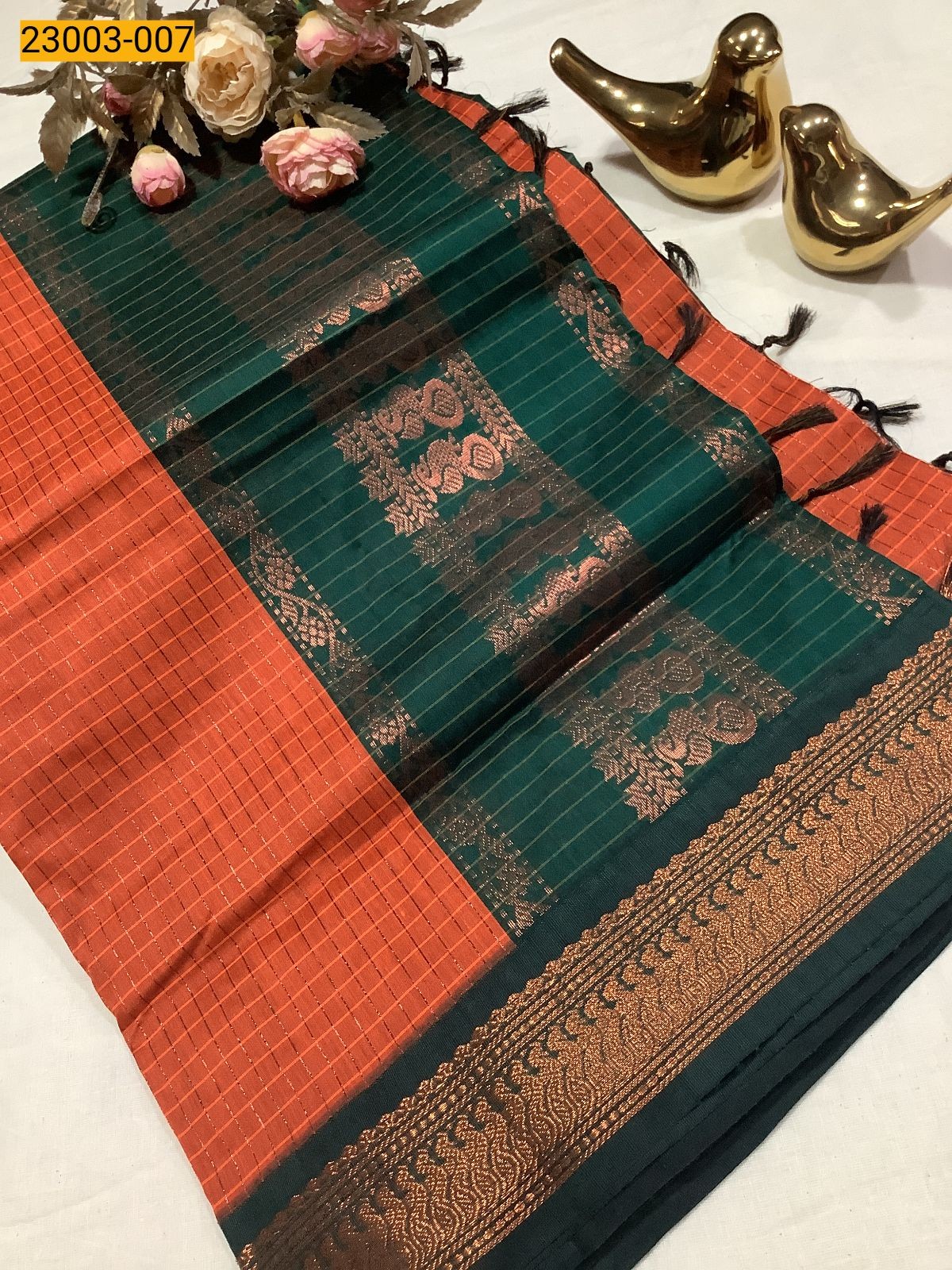 Orange Checked Kalyani Cotton Saree