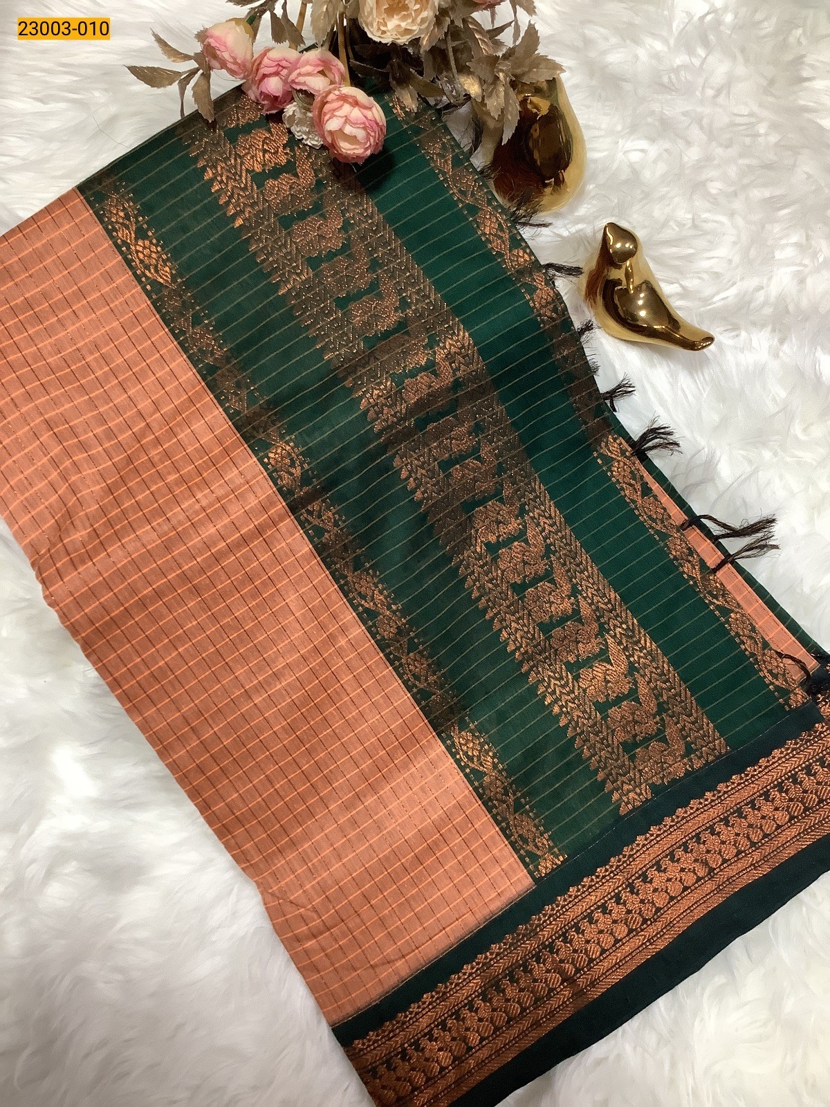 Orange Checked Kalyani Cotton Saree