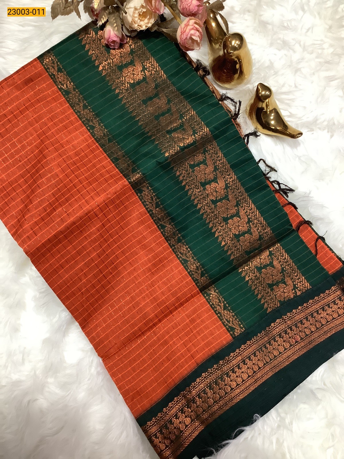 Orange Checked Kalyani Cotton Saree