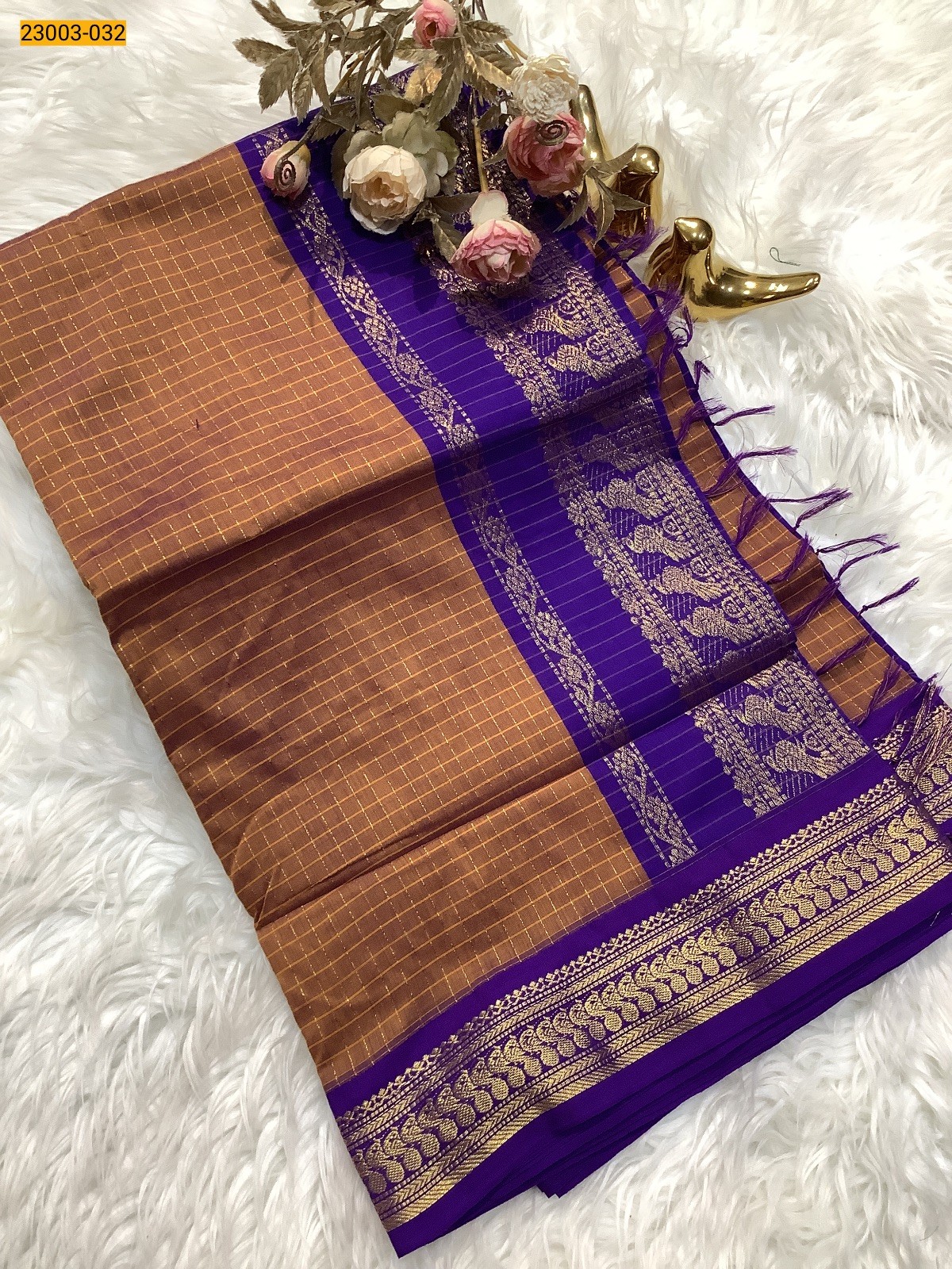 Brown Checked Kalyani Cotton Saree