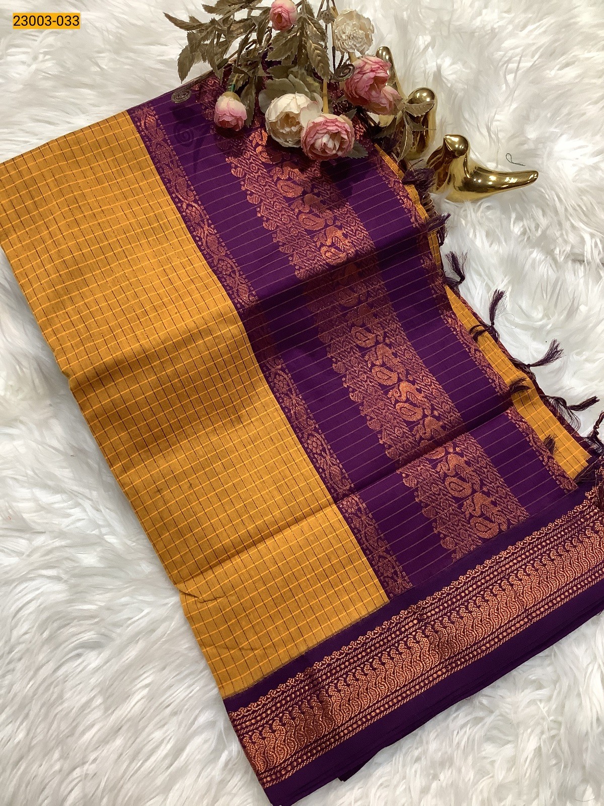 Yellow Checked Kalyani Cotton Saree