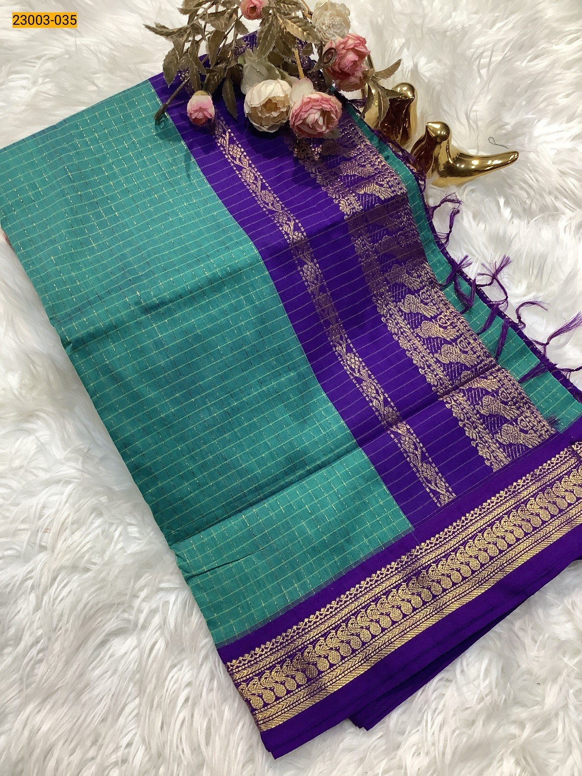 Blue Checked Kalyani Cotton Saree