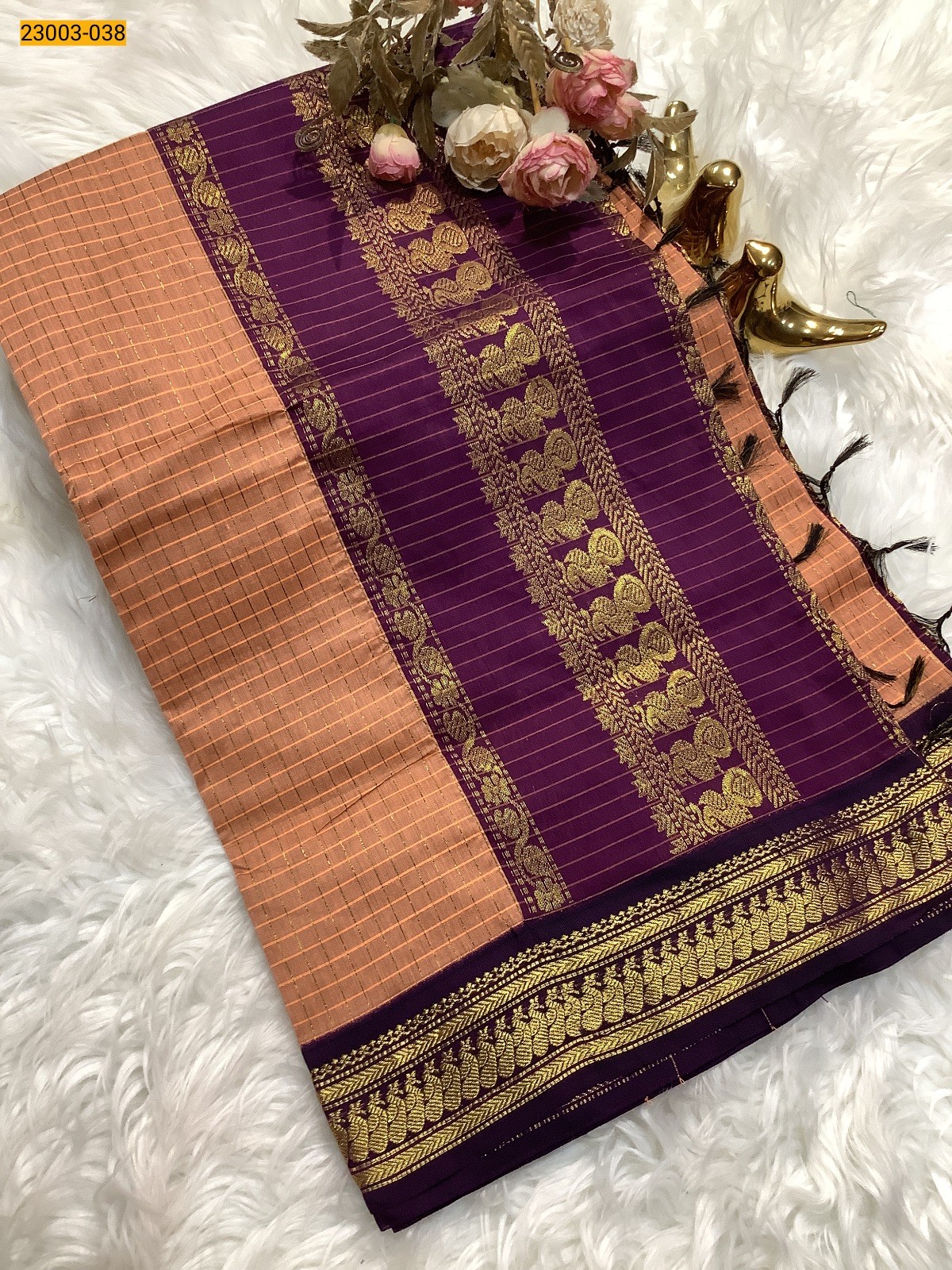 Brown Checked Kalyani Cotton Saree