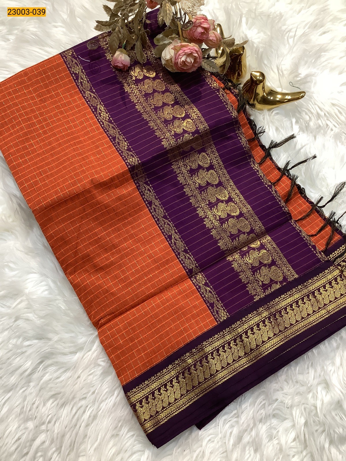 Orange Checked Kalyani Cotton Saree