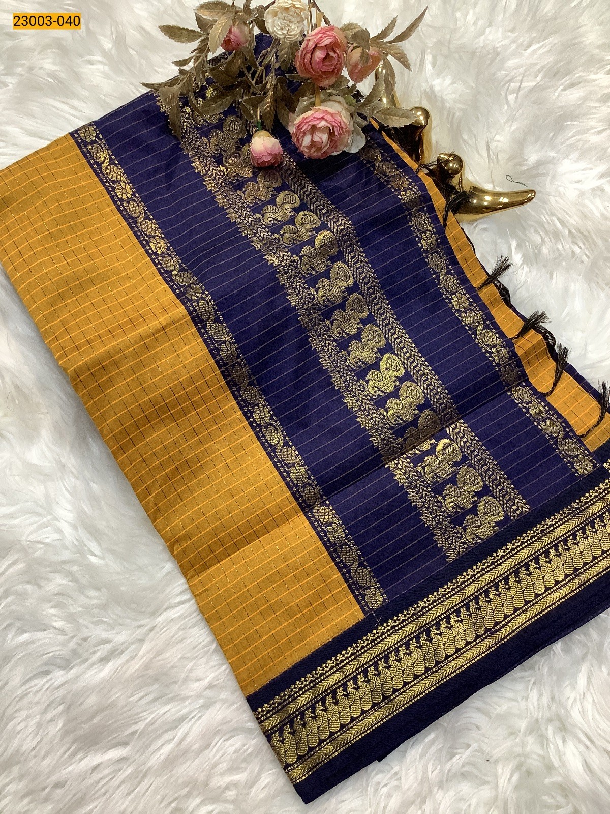 Yellow Checked Kalyani Cotton Saree