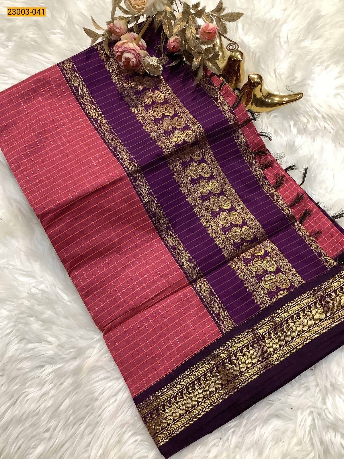 Pink Checked Kalyani Cotton Saree