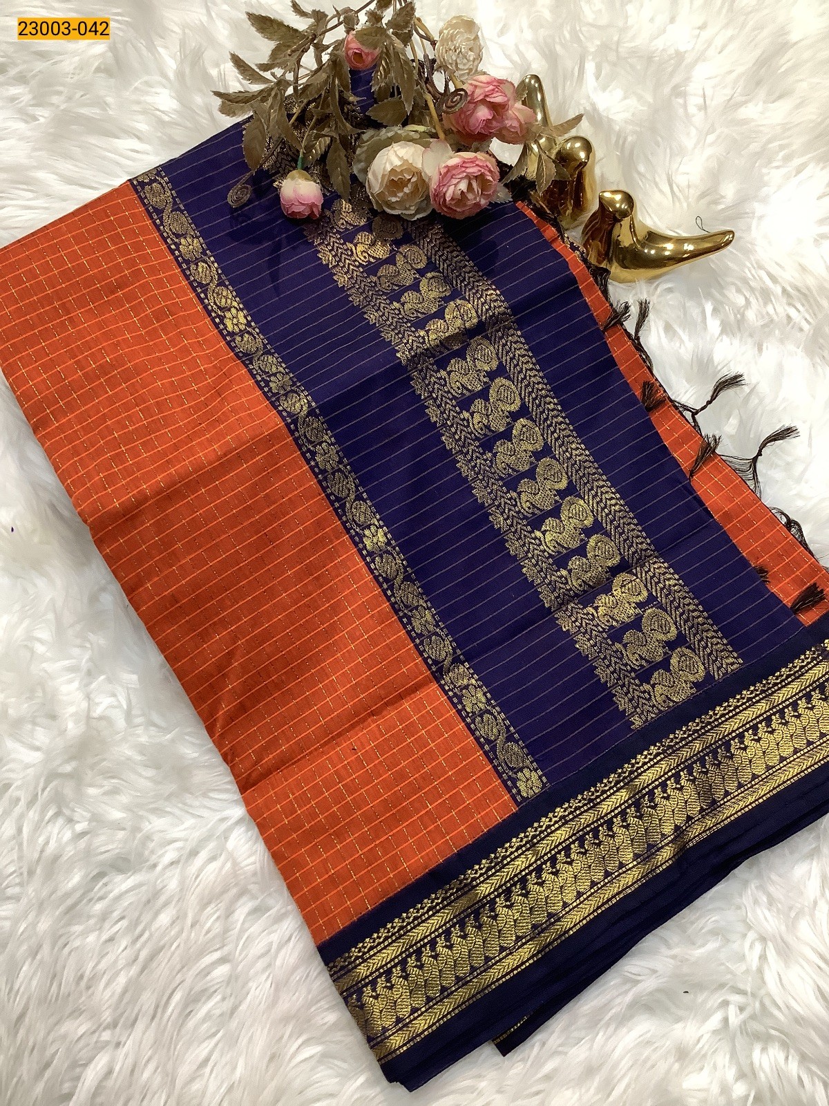 Orange Checked Kalyani Cotton Saree