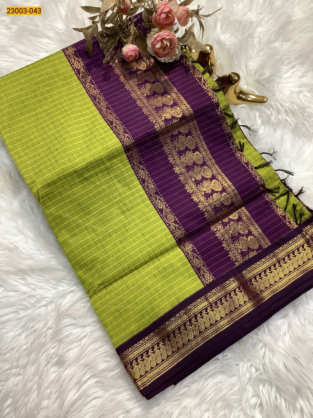 Green Checked Kalyani Cotton Saree