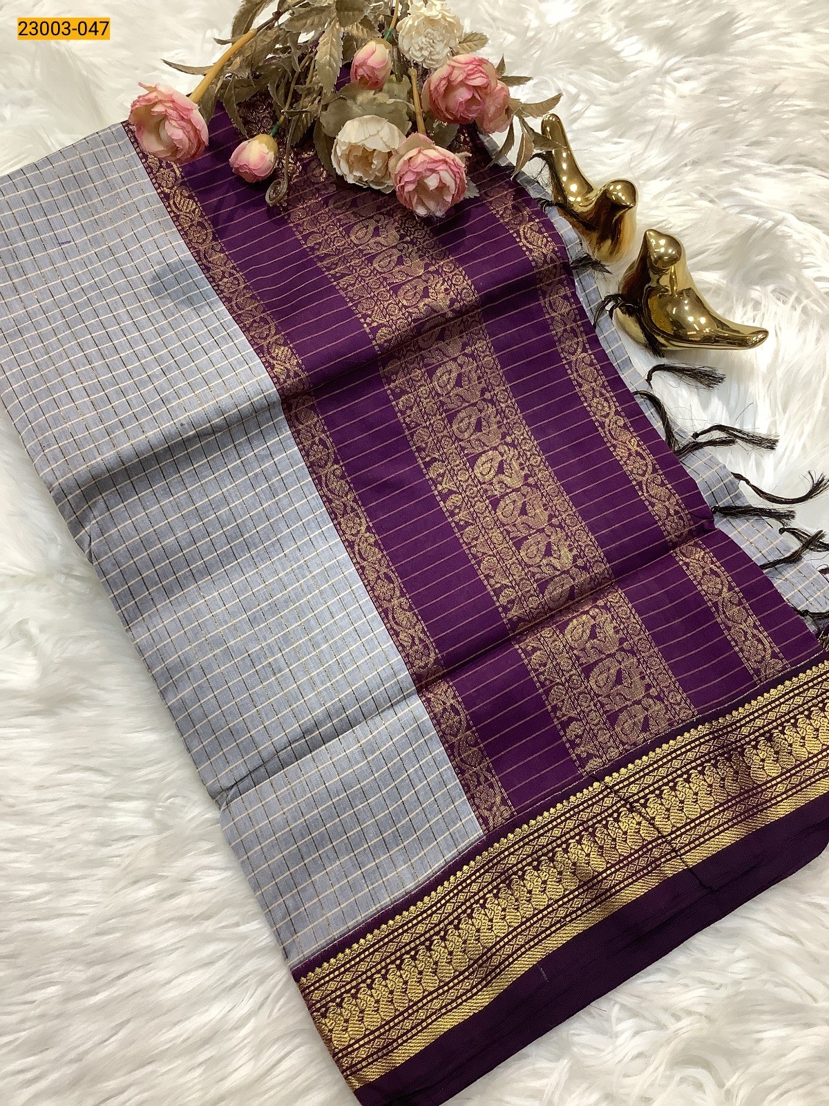 Gray Checked Kalyani Cotton Saree