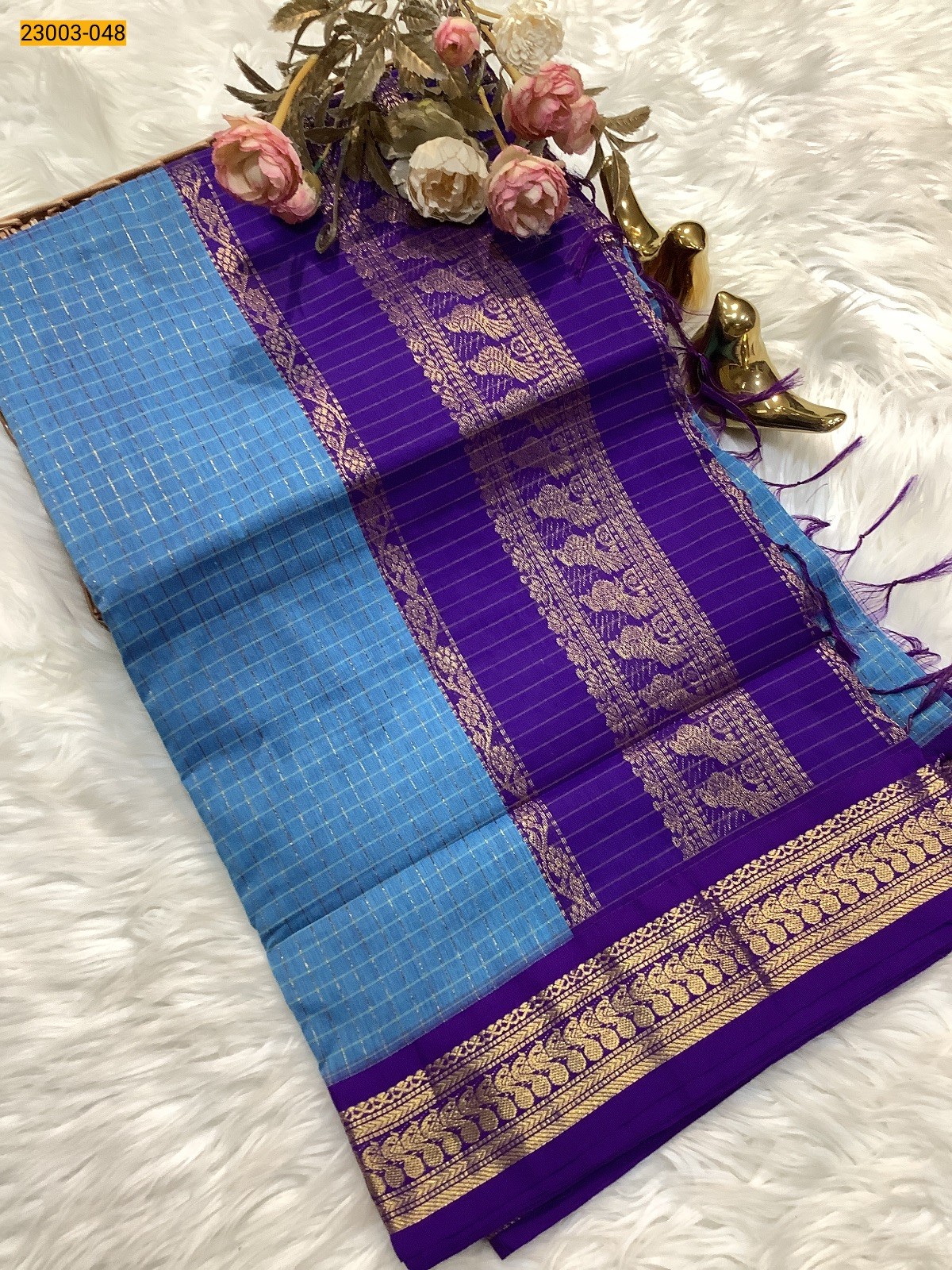 Blue Checked Kalyani Cotton Saree