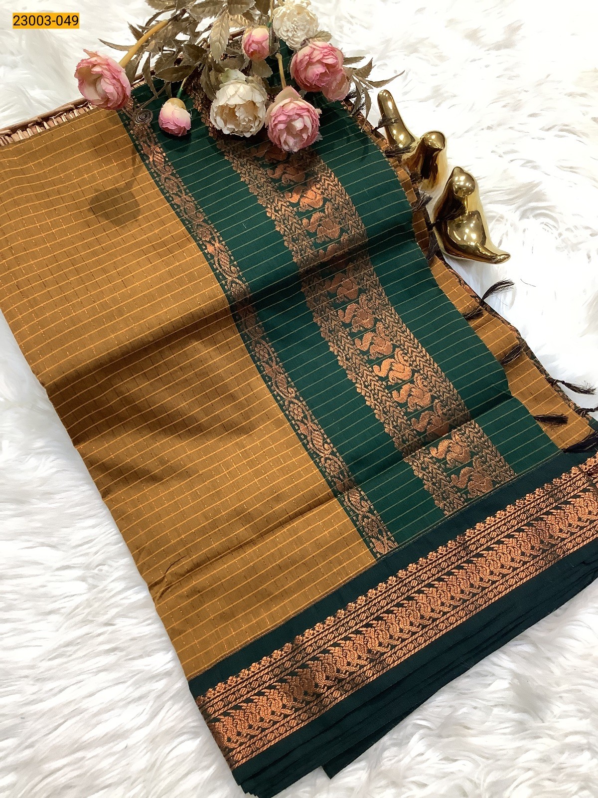 Brown Checked Kalyani Cotton Saree