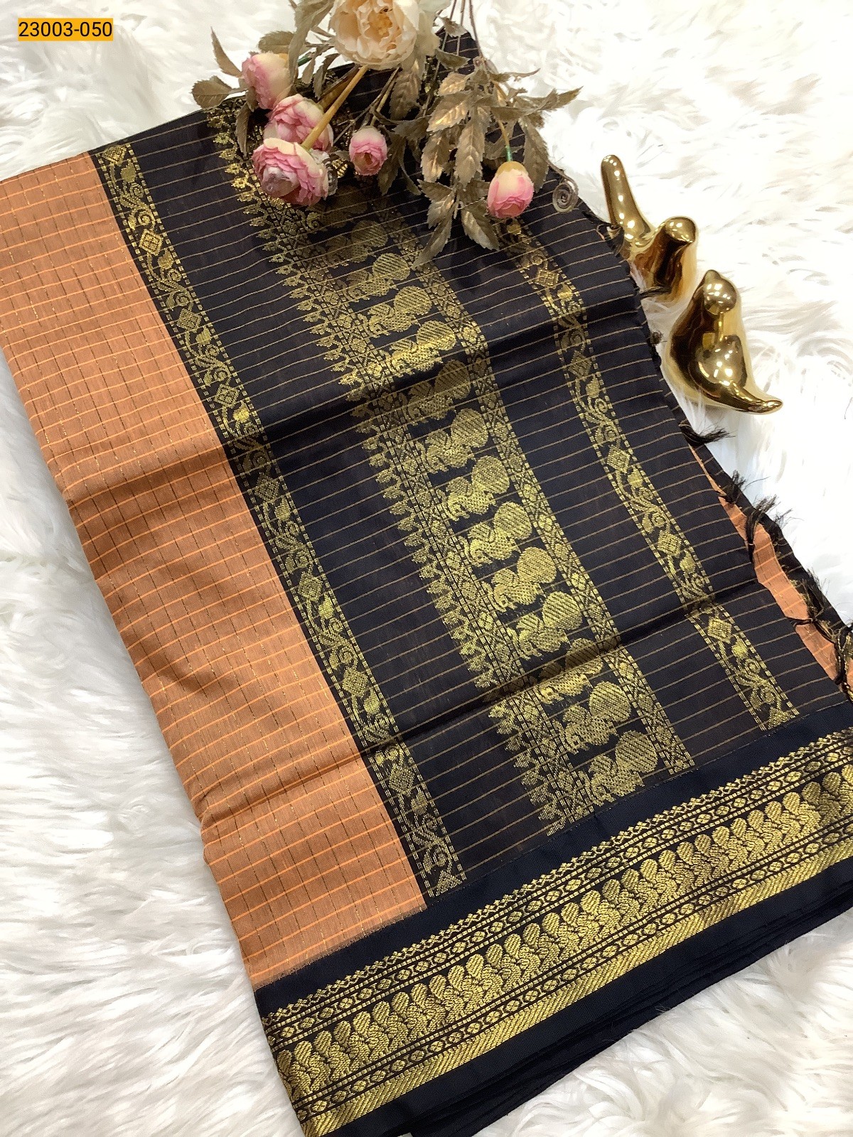 Orange Checked Kalyani Cotton Saree